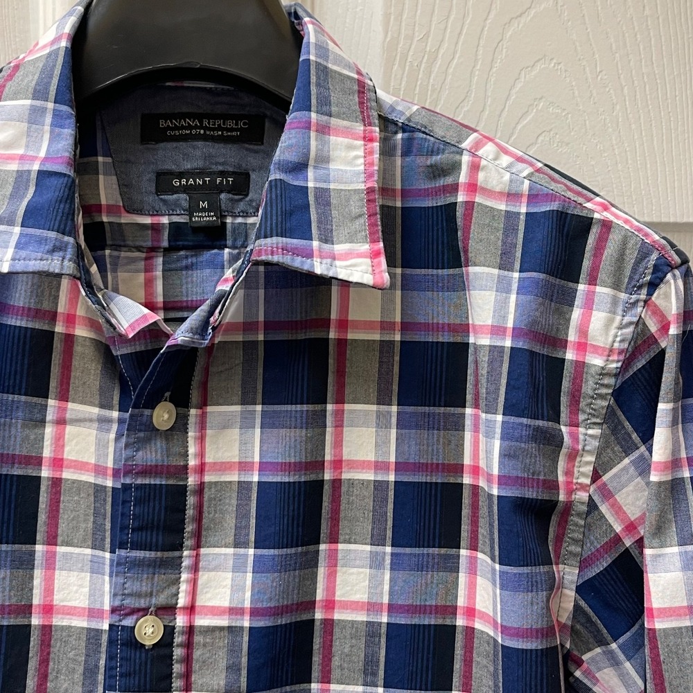Banana Republic Men's‎ M Grant Fit Shirt Navy Pink Blue Plaid Oxford EUC
